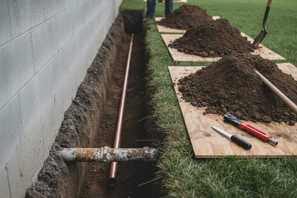 Excavated water line trench during Sewer Line Repair in Lennon